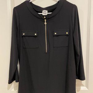 Black Tunic Top with Gold Button & Zipper Details - Anne Klein